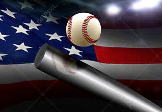 Baseball bat hitting ball with American flag