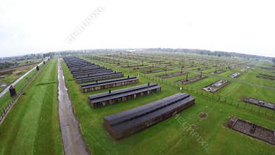 Aerial view of Auschwitz I - Birkenau, watch tower and fence