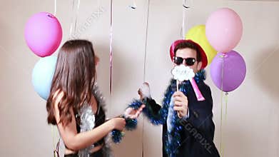 Funny crazy couple having awesome time dancing