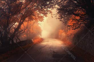 Mystical autumn red forest with road in fog