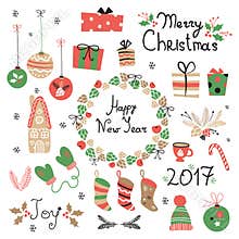 Christmas set graphic elements with wreath, cake, gingerbread house, mittens, toys, gifts and socks.