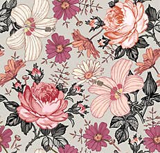 Seamless pattern. Realistic isolated flowers. Vintage background. Chamomile Rose hibiscus mallow. Wallpaper. Drawing engraving.