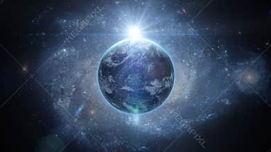 Sunrise over earth as seen from space. With stars background. 3d rendering