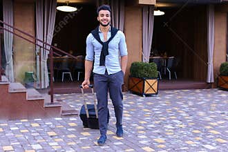 Young Guy Arab Businessman Student Came go to Restaurant With Su