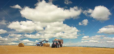 Tractors at harvest and beautiful landscape