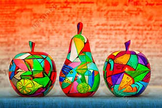Hand-painted wooden fruit - pears and apples. Handmade Modern Art