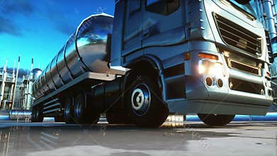 Petrol truck near oil, petrol plant. Realistic 4k animation.