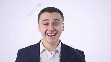 Happy surprised businessman white background