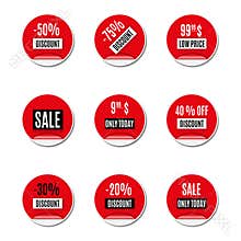 Set of red paper stickers of discount and sale, vector illustration.