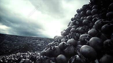 Pile of skulls. Apocalypse and hell concept. Realistic cinematic 4k animation.