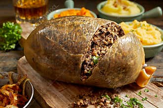 Sliced open cooked Scottish haggis