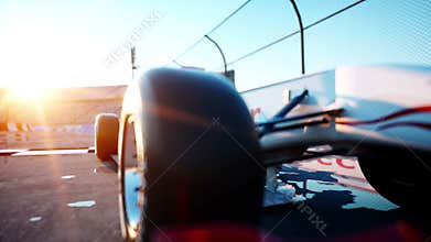 Racer of formula 1 in a racing car. Race and motivation concept. Wonderfull sunset. Realistic 4k animation.
