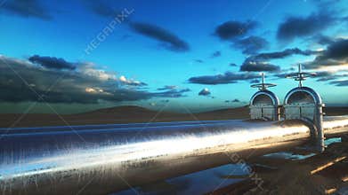 Oil, gas valve. Pipeline in desert. Oil concept. 3d rendering.