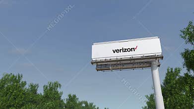 Driving towards advertising billboard with Verizon Communications logo. Editorial 3D rendering 4K clip