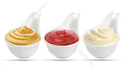 Ketchup, mustard, and mayonnaise sauces in bowl isolated on white background
