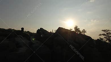 Aerial over the mountains rock sunrise Dovbysh/ aerial cinematography