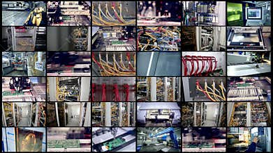 Automated circuit board production, computer wires. Video wall. Monitors, screens in motion.