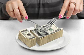 Hands Cut money on plate, reduce funds concept