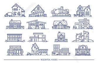 Line art residential house collection. Set of flat style. Contour vector illustration.