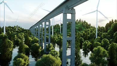 Futuristic, modern train passing on mono rail. Ecological future concept. Aerial nature view. photorealistic 4K