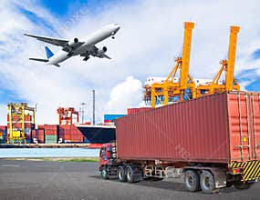 Truck transport container and cago plane flying above ship port
