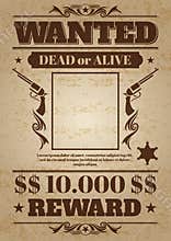 Vintage wanted western poster with blank space for criminal photo. Vector mockup