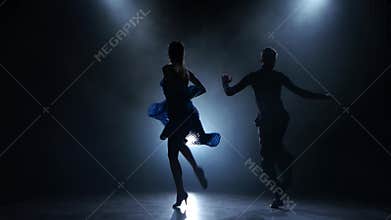 Professional couple of ballroom dancers posing in smoky studio, silhouette