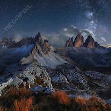 Alps Mountain landscape with night sky and Mliky way, Tre Cime d