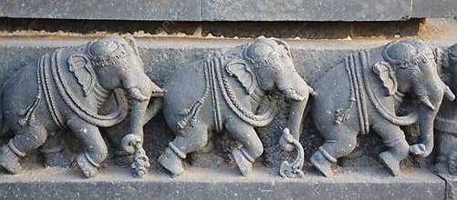 Elephant statues on the walls of Hindu temple