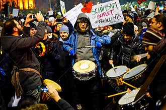 Protesters with drums, Romania.