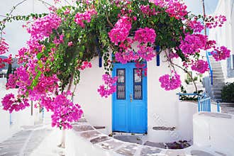 Traditional greek house with flowers in Paros island, Greece