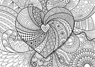 Heart on flowers zendoodle design for adult coloring book page. Stock Vector