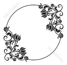 Black and white round frame with flowers silhouettes.