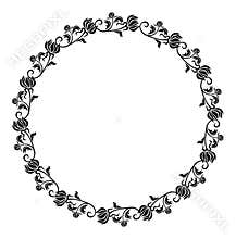 Black and white round frame with flowers silhouettes.
