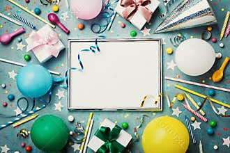 Party or birthday background. Silver frame with colorful balloon, gift box, carnival cap, confetti, candy and streamer.