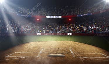 Professional baseball arena side view in lights
