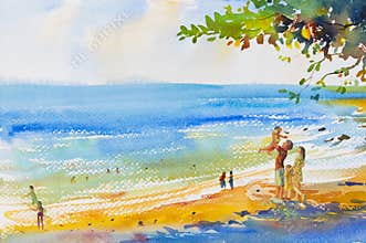 Painting colorful of beach and family in emotion cloud backgrou