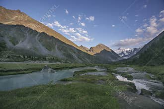 Lake Ak-kem valley, Beluha mountain. Altai landscape