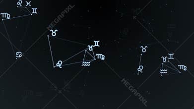 Beautiful plexus with zodiac signs, stars. Group of stars forming a constellation. Loop Animation.