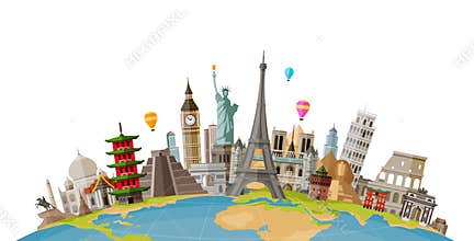 Travel, journey concept. Famous monuments of world countries. Vector illustration
