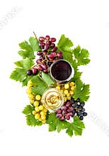 Red white wine glasses grape vine green leaves Food beverages