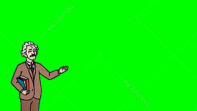 Animated Character Professor or Teacher stands in the foreground and says, curve contour, green screen, seamless loop