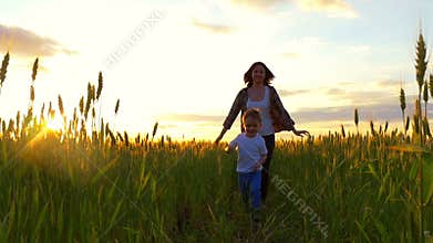 A child boy runs with his mother in a field of golden wheat, playing in nature.
