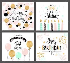 Happy birthday greeting cards and party invitation templates with lettering text. Vector illustration. Hand drawn style.
