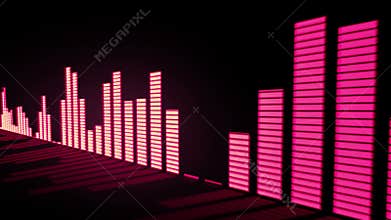 3D animation: Music control levels. Glow red - pink orange color audio equalizer bars moving with the reflection from the mirror