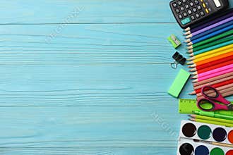 School and office supplies. school background. colored pencils, pen, pains, paper for school and student education