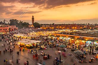 Jamaa el Fna market square in sunset, Marrakesh, Morocco, north Africa.