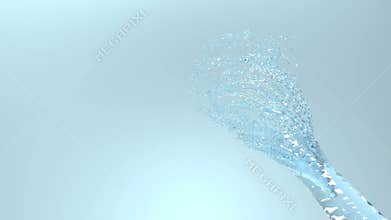 Flow of blue liquid like water spins into a whirlpool or a tornado. The flow of liquid rotates and forms a vortex in