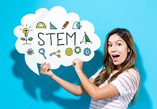 STEM text with young woman holding a speech bubble