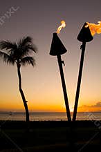 Tiki Torch and Palm in Sunset
